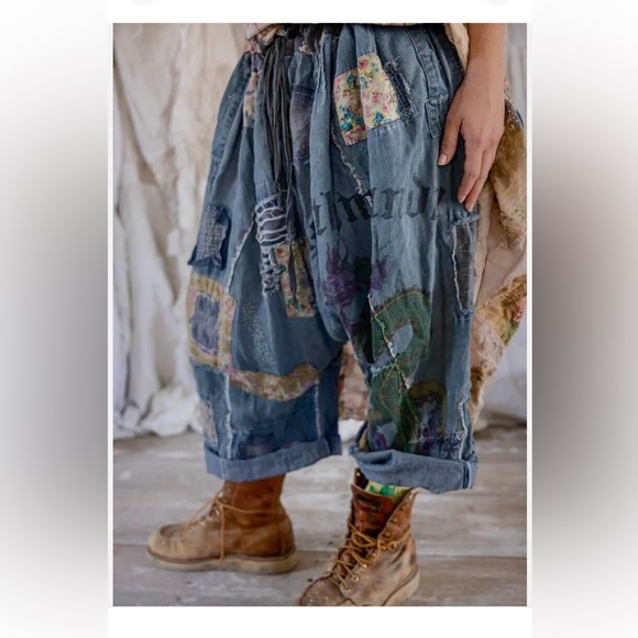 Magnolia Pearl Patchwork Kathmandu Samantha Trousers Drop Crotch Linen O/S NWT - Picture 2 of 8